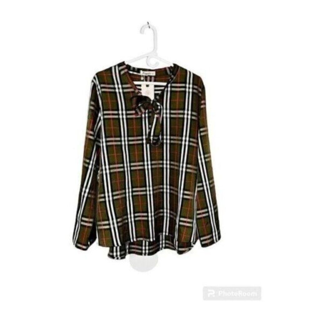Moyabo Plaid Green Bow Detail Blouse Shirt NWT